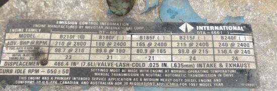 Picture of (Used) 1987 INTERNATIONAL DT466 ENGINE ASSEMBLY,
Horsepower: 210,
Displacement: 7.6L,
Serial Number: 468TM2U505817,
Part Number: DT466
 

